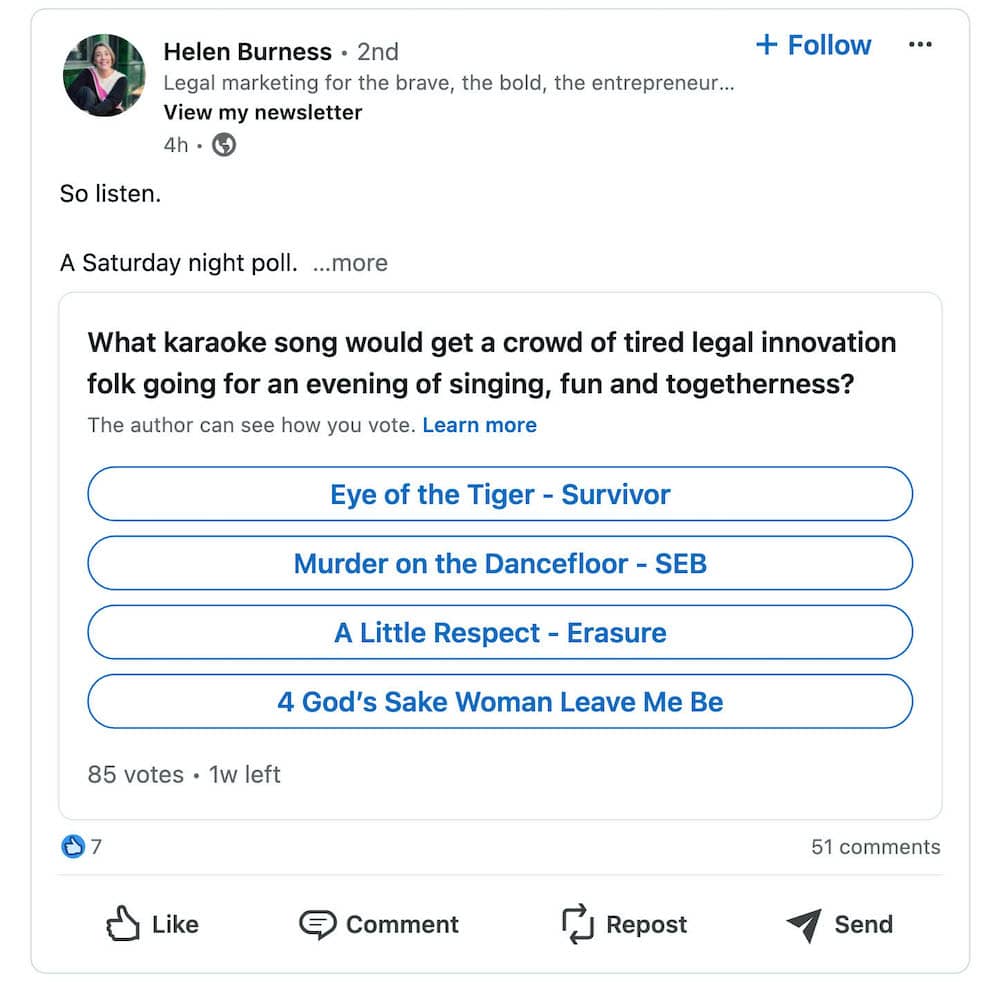 A LinkedIn post by Helen Burness, polling her followers. It's an example of an activation post.